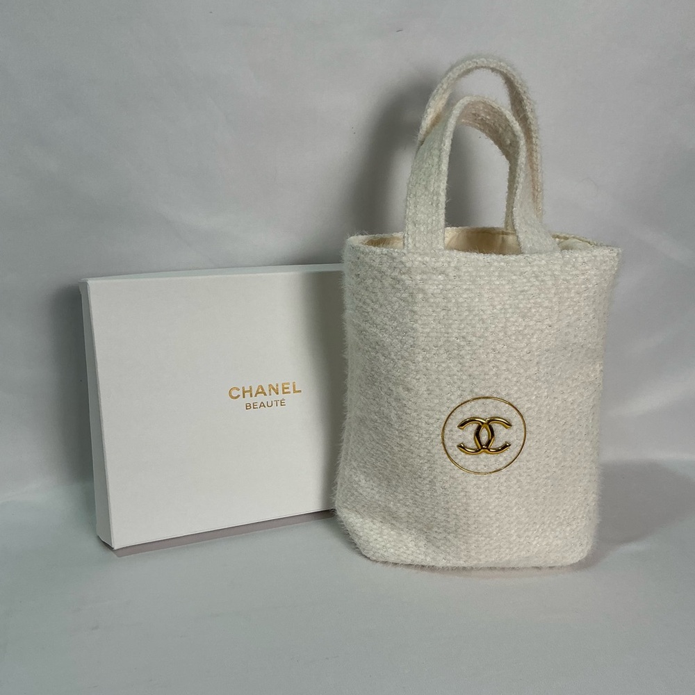 CHANEL Cream Textured mini Tote  Bag with Gold Logo